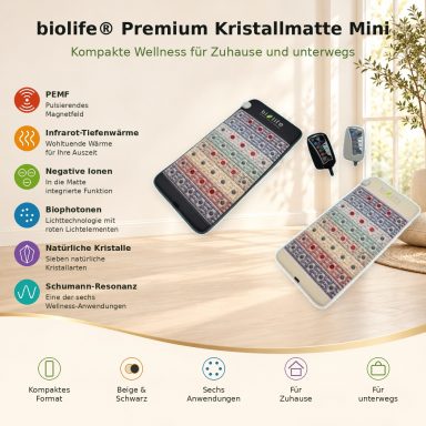 Kristallmatte Mini biolife® Premium Kristallmatte Mini in Beige und Schwarz mit passenden Controllern und sechs Funktionen vor einem hellen Wohnraum.
