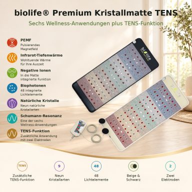 Kristallmatte TENS biolife® Premium Kristallmatten TENS, in schwarz oder beige, mit 9 natürlichen Kristallen und Schumann Resonanz.