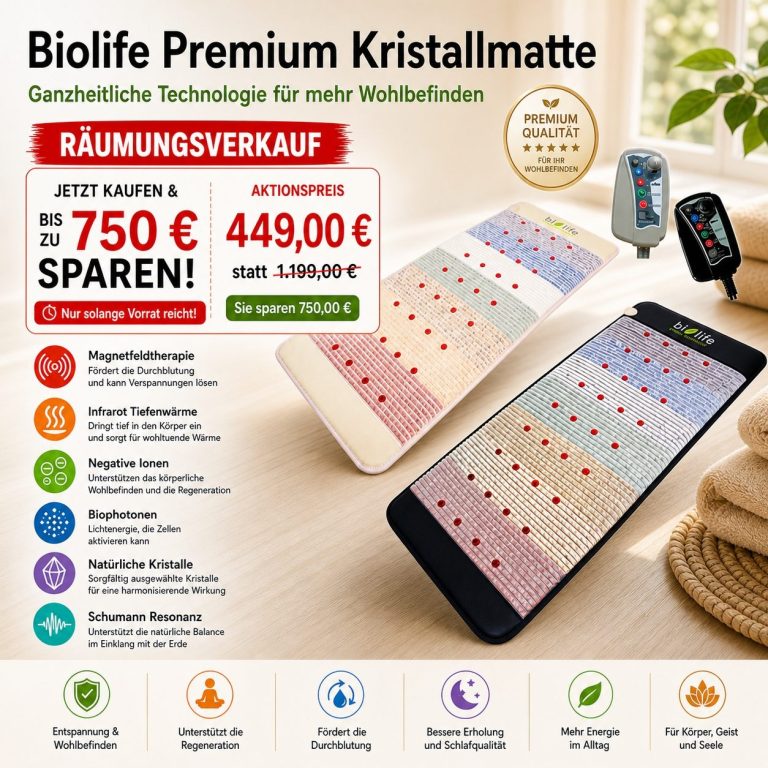 Räumungsverkauf Original Biolife Premium Kristallmatte Biolife Premium Kristallmatte mit Infrarot Tiefenwärme, Magnetfeldtherapie und natürlichen Kristallen im Räumungsverkauf. Sie sparen 750,00