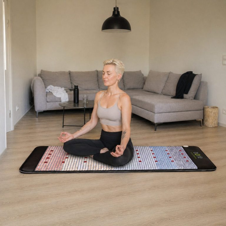 Meditation auf einer Biolife Premium Kristallmatte Person meditiert auf einer Biolife Premium Kristallmatte zur Förderung von Ruhe, Entspannung und innerem Gleichgewicht durch Infrarot und Kr