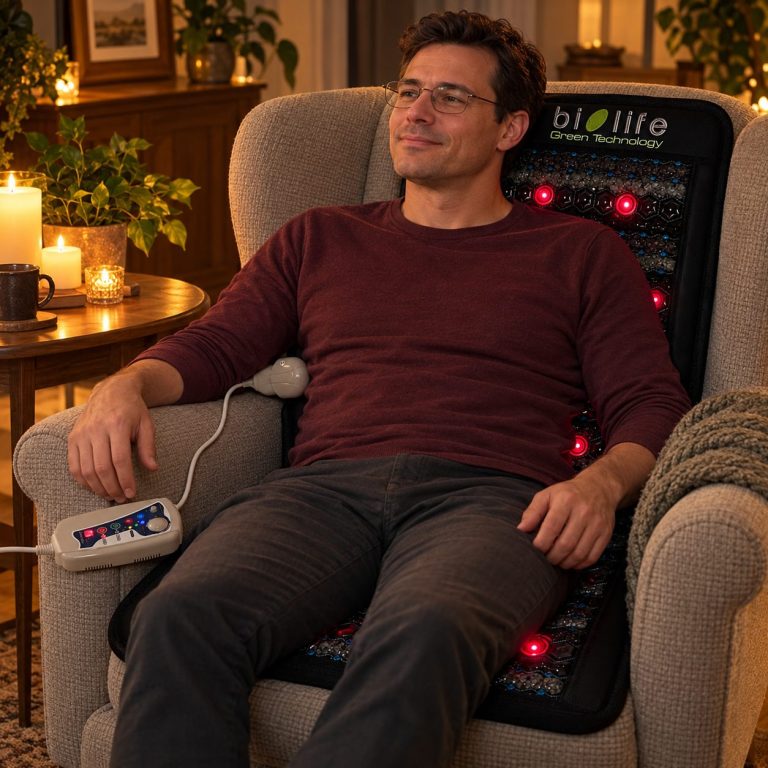 biolife® Premium Stuhl-Kristallmatte – Auszeit bei Kerzenlicht Mann sitzt auf der eingeschalteten biolife® Premium Stuhl-Kristallmatte im Sessel bei Kerzenlicht; rote Biophotonen-Lichter leuchten.
