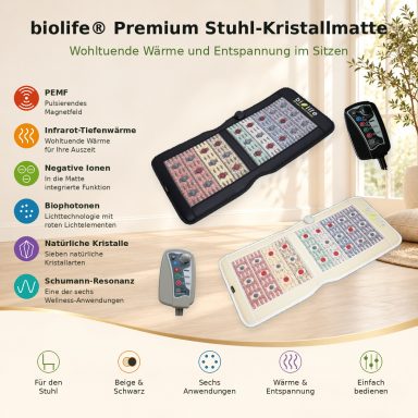 Stuhl Kristallmatte biolife® Premium Stuhl-Kristallmatte in Beige und Schwarz mit passenden Controllern und einer Übersicht der sechs Anwendungen.