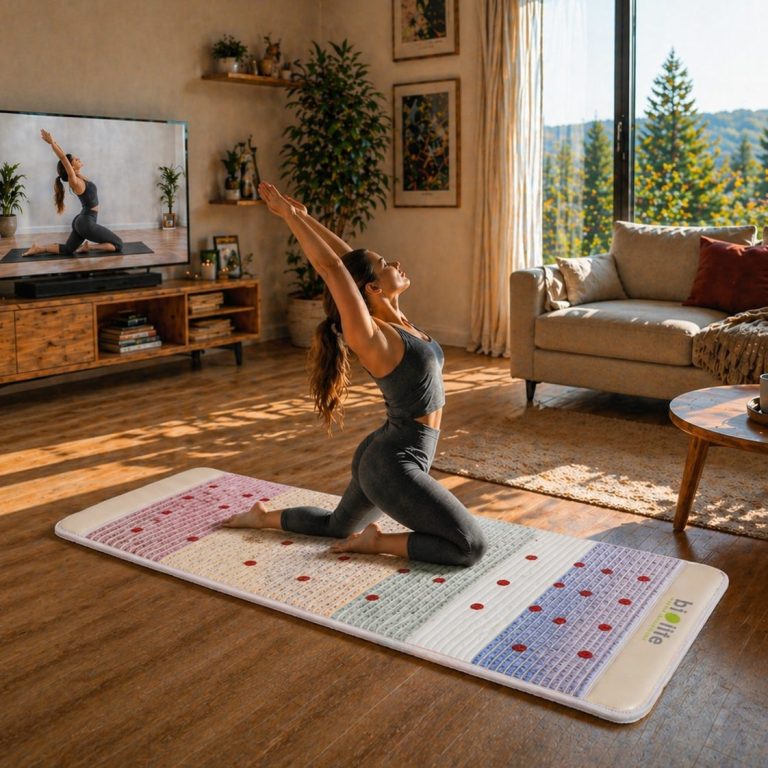 Yoga auf der Biolife Premium Kristallmatte Eine Frau macht Yoga Übungen auf der Original Biolife Premium Kristallmatte