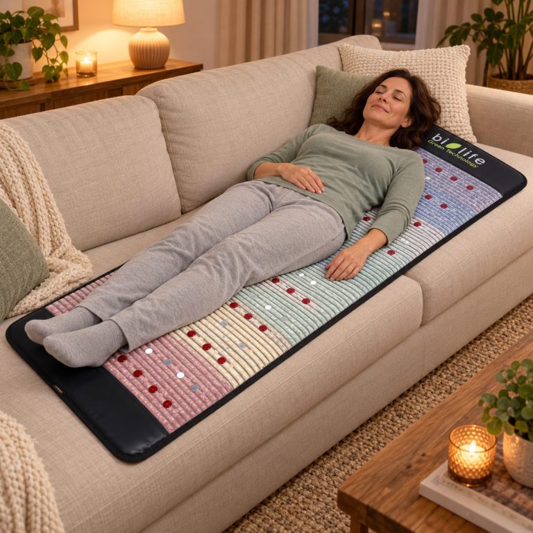 Titel: biolife® Premium Kristallmatte TENS – Auszeit auf dem Sofa Alt-Text: Frau liegt entspannt auf einer schwarzen biolife® Premium Kristallmatte TENS auf einem beigen Sofa im gemütlichen Wohnzimmer. Beschreibung: biolife® Premium Kristallmatte TENS mit Infrarot-Tiefenwärme und PEMF: Szenenentwurf zur Anwendung im Liegen auf dem Sofa. Frau liegt entspannt auf einer schwarzen biolife® Premium Kristallmatte TENS auf einem beigen Sofa im gemütlichen Wohnzimmer.